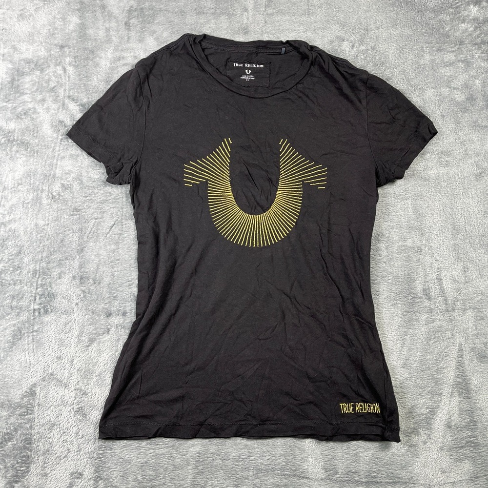 True Religion T Shirt Womens Small Black Short Sleeve Embroidered Horseshoe Logo